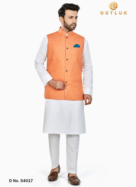 Orange Outluk Vol 54 Festive Wear Linen Blend Digital Print Kurta Pajama With Jacket Mens Collection 54017